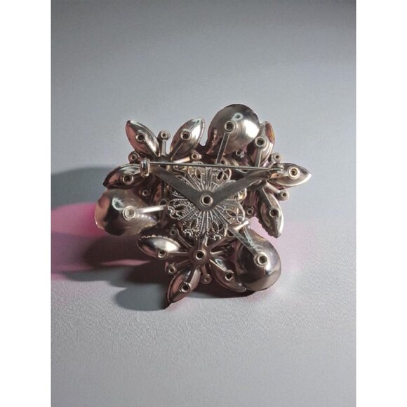 Vintage 1950s Ruby Red Rhinestone Floral Brooch Riveted Back Aurora Borealis Acc - Picture 2 of 2